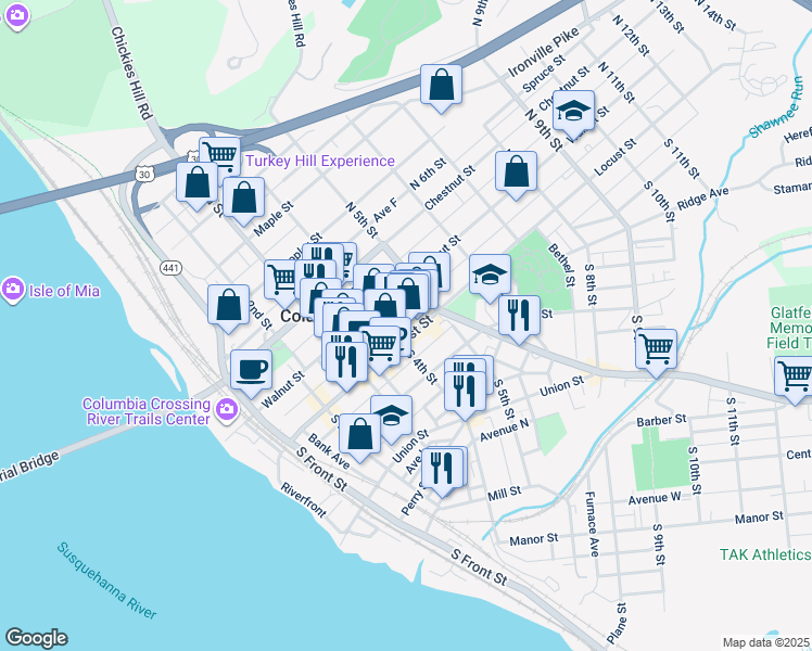 map of restaurants, bars, coffee shops, grocery stores, and more near 23 North 4th Street in Columbia