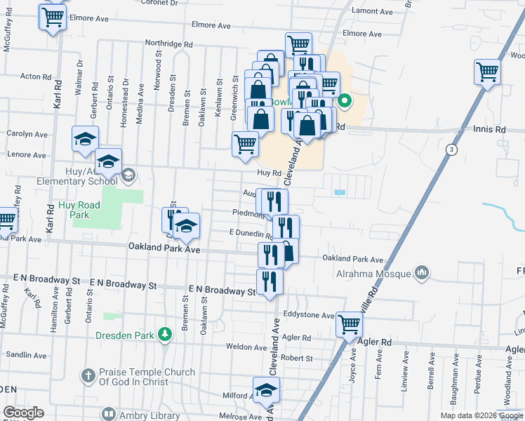 map of restaurants, bars, coffee shops, grocery stores, and more near 1804 Piedmont Road in Columbus