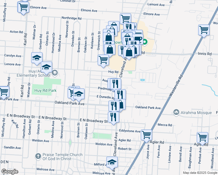 map of restaurants, bars, coffee shops, grocery stores, and more near 1804 Piedmont Road in Columbus