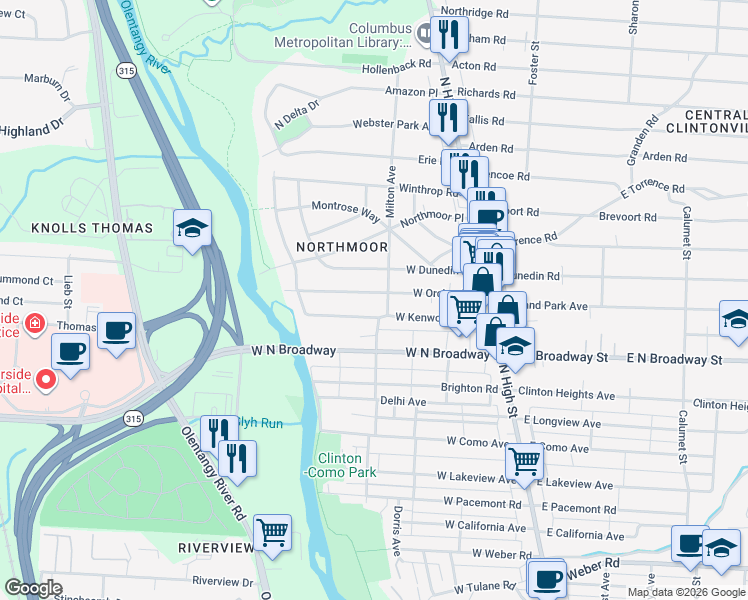 map of restaurants, bars, coffee shops, grocery stores, and more near 199 West Orchard Lane in Columbus