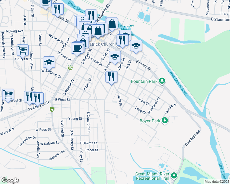 map of restaurants, bars, coffee shops, grocery stores, and more near 304 Oak Street in Troy