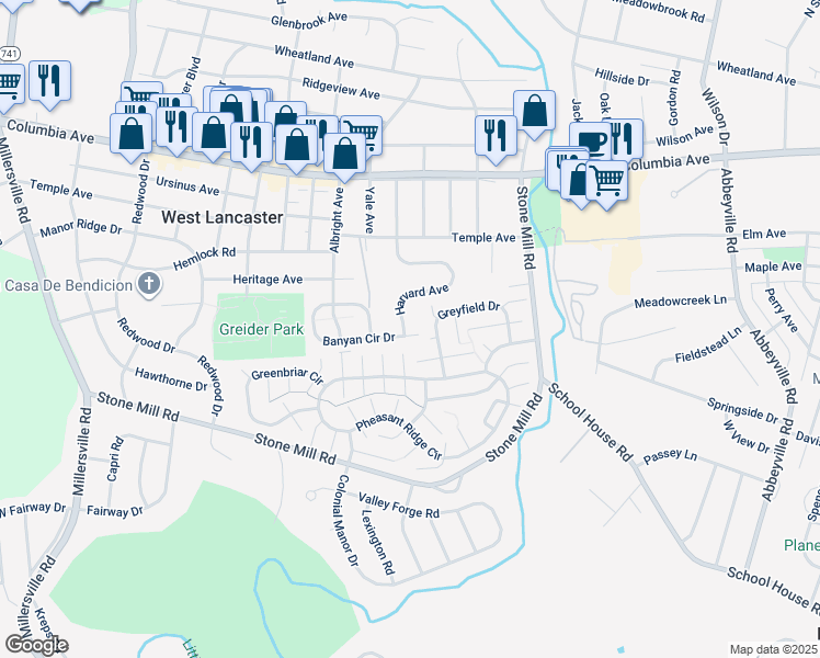 map of restaurants, bars, coffee shops, grocery stores, and more near 247 Harvard Avenue in Lancaster