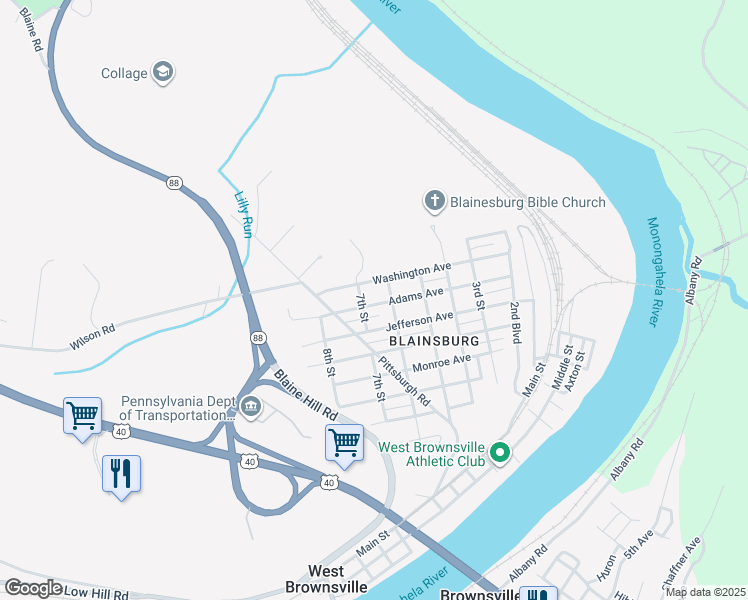 map of restaurants, bars, coffee shops, grocery stores, and more near 608 Adams Avenue in Brownsville