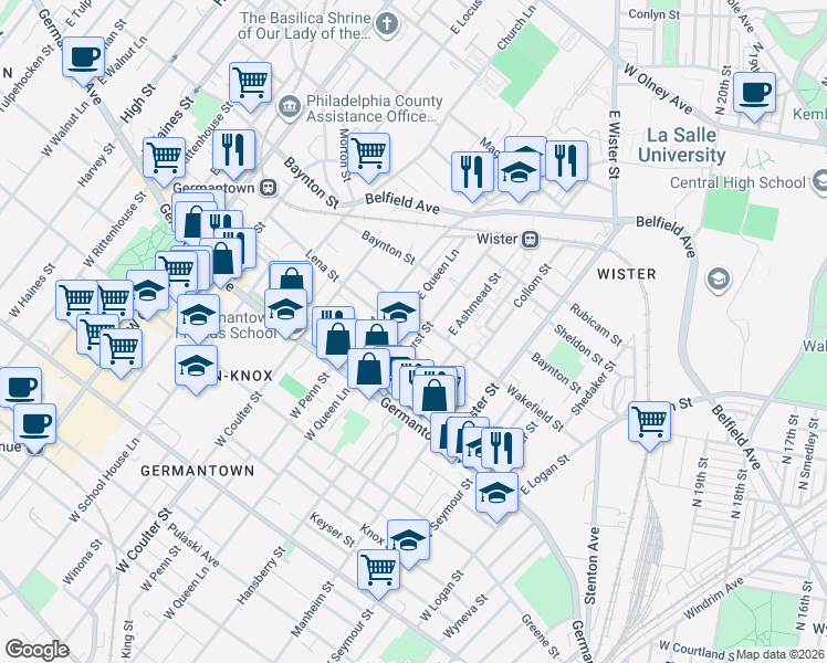 map of restaurants, bars, coffee shops, grocery stores, and more near 87 E Bringhurst St in Philadelphia