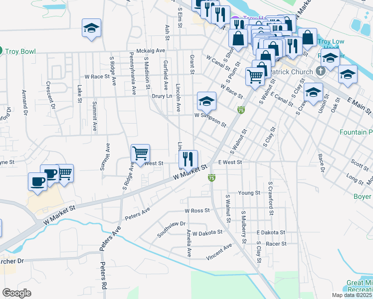 map of restaurants, bars, coffee shops, grocery stores, and more near 721 Grant Street in Troy