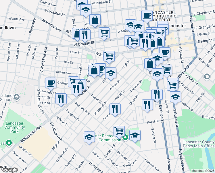 map of restaurants, bars, coffee shops, grocery stores, and more near 108 New Dorwart Street in Lancaster