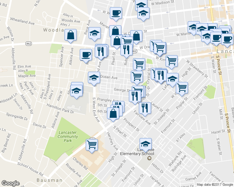 map of restaurants, bars, coffee shops, grocery stores, and more near 723 4th Street in Lancaster