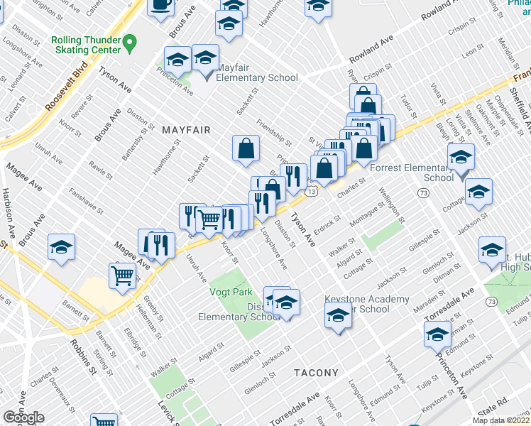 map of restaurants, bars, coffee shops, grocery stores, and more near 6900 Frankford Avenue in Philadelphia