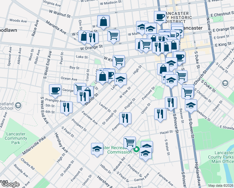 map of restaurants, bars, coffee shops, grocery stores, and more near 612 High Street in Lancaster