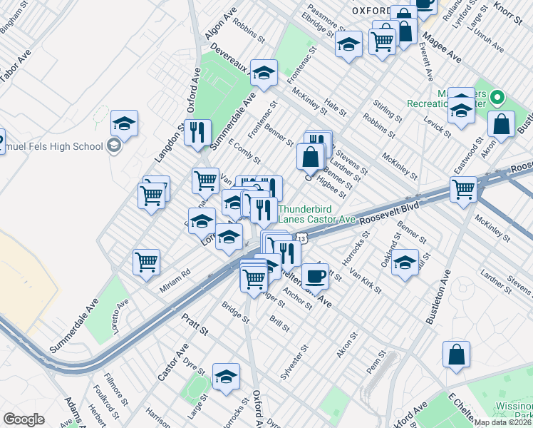map of restaurants, bars, coffee shops, grocery stores, and more near 1330 Van Kirk Street in Philadelphia