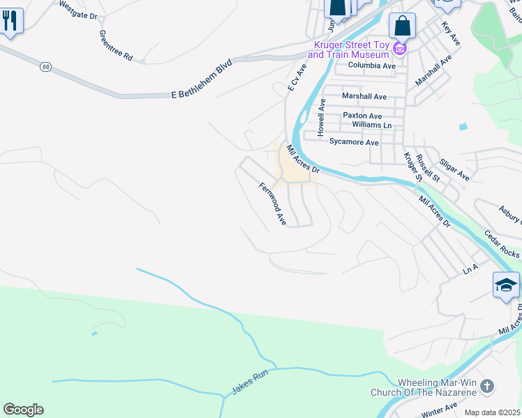 map of restaurants, bars, coffee shops, grocery stores, and more near 132 Gaewood Avenue in Wheeling