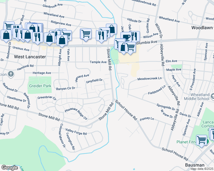 map of restaurants, bars, coffee shops, grocery stores, and more near 103 Oakfield Court East in Lancaster
