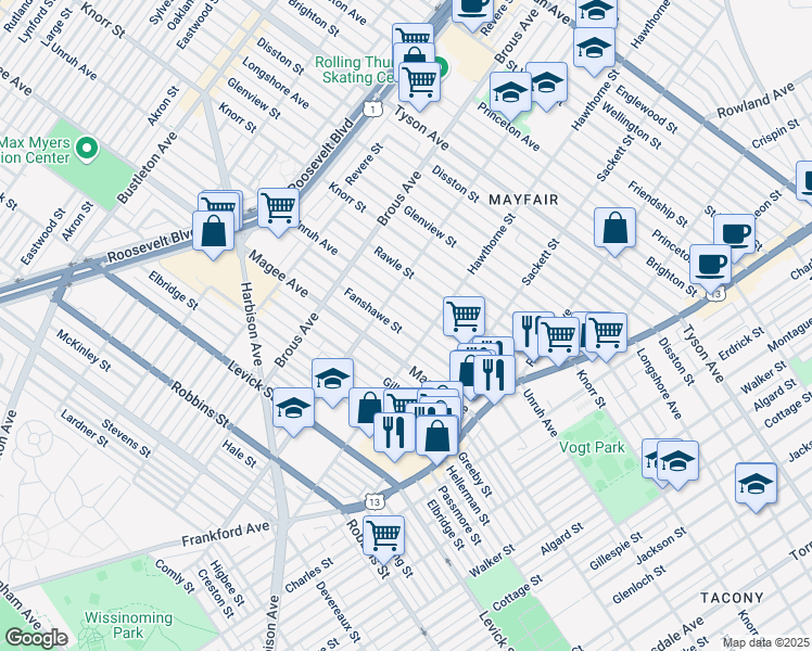 map of restaurants, bars, coffee shops, grocery stores, and more near 3035 Fanshawe Street in Philadelphia