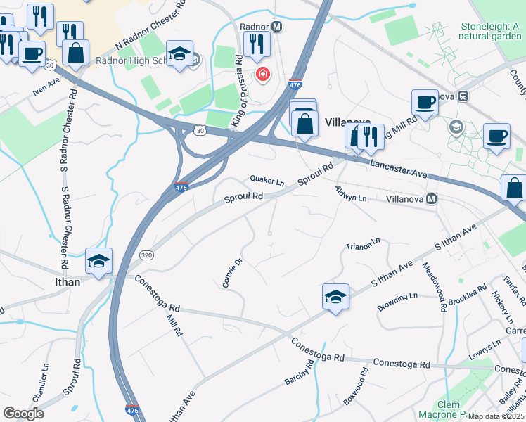 map of restaurants, bars, coffee shops, grocery stores, and more near 169 South Spring Mill Road in Villanova