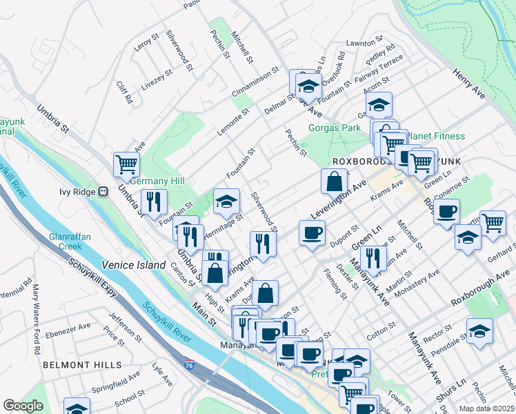 map of restaurants, bars, coffee shops, grocery stores, and more near 297 Hermitage Street in Philadelphia