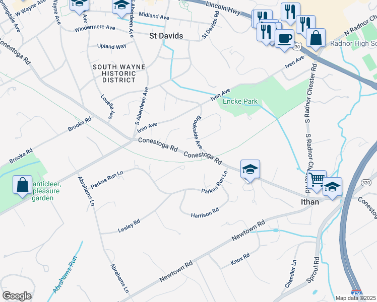 map of restaurants, bars, coffee shops, grocery stores, and more near 453 Conestoga Road in Wayne