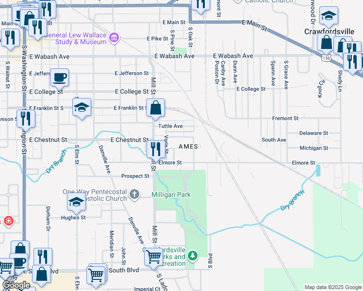 map of restaurants, bars, coffee shops, grocery stores, and more near 1014 Chapel Avenue in Crawfordsville