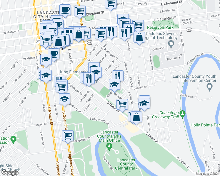 map of restaurants, bars, coffee shops, grocery stores, and more near 561 Rockland Street in Lancaster