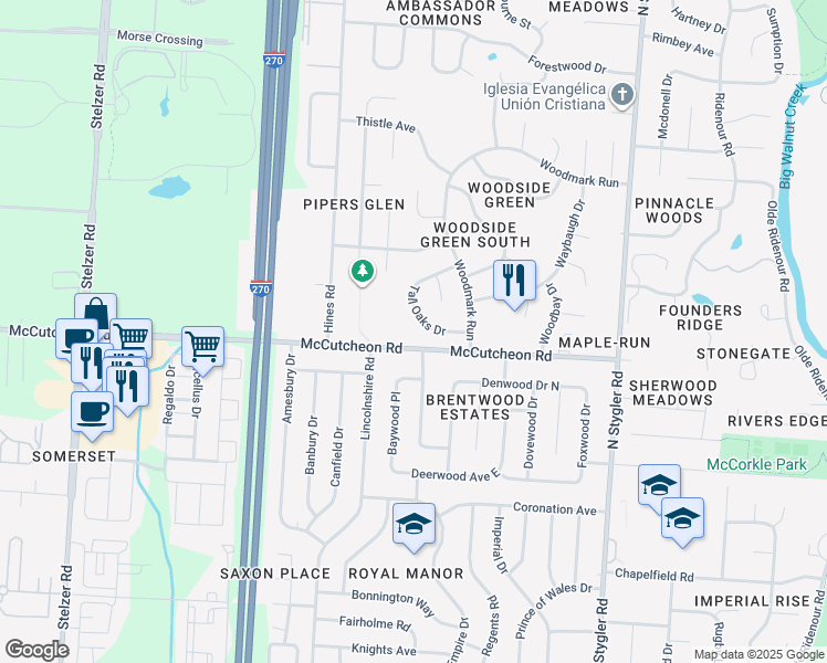 map of restaurants, bars, coffee shops, grocery stores, and more near 3636 McCutcheon Road in Columbus