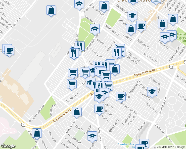 map of restaurants, bars, coffee shops, grocery stores, and more near 1267 Alcott Street in Philadelphia