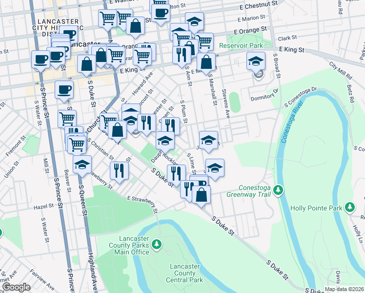 map of restaurants, bars, coffee shops, grocery stores, and more near 633 South Lime Street in Lancaster