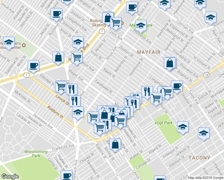 map of restaurants, bars, coffee shops, grocery stores, and more near 3035 Fanshawe Street in Philadelphia