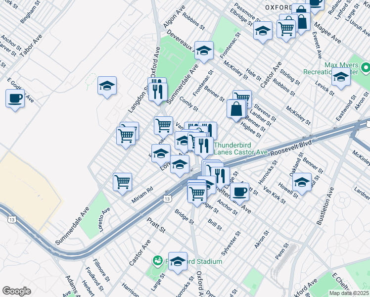map of restaurants, bars, coffee shops, grocery stores, and more near 1269 Alcott Street in Philadelphia