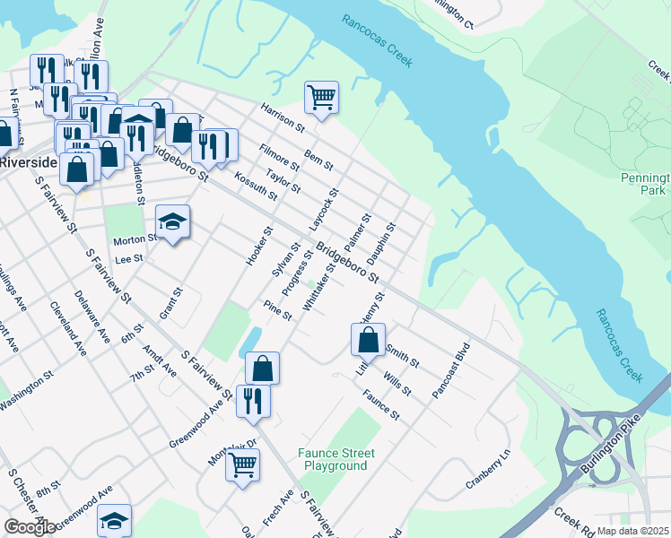 map of restaurants, bars, coffee shops, grocery stores, and more near 324 Whittaker Street in Riverside