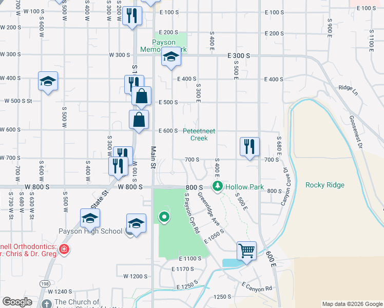map of restaurants, bars, coffee shops, grocery stores, and more near 252 East 670 South in Payson