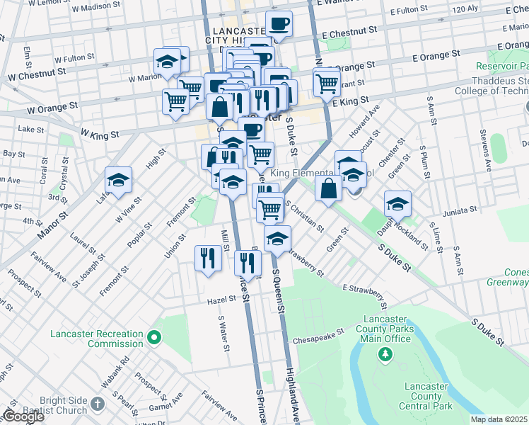 map of restaurants, bars, coffee shops, grocery stores, and more near 246 South Queen Street in Lancaster