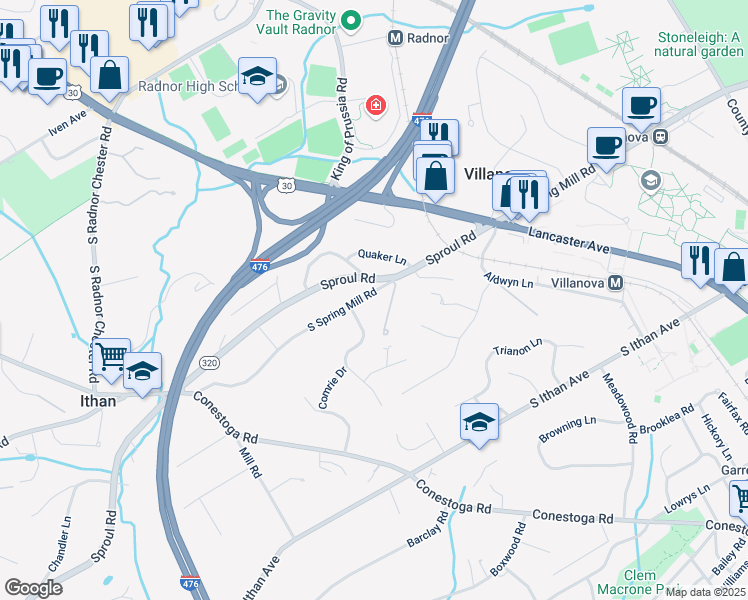 map of restaurants, bars, coffee shops, grocery stores, and more near 169 South Spring Mill Road in Villanova