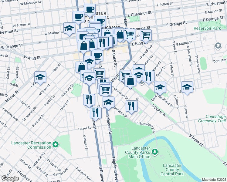 map of restaurants, bars, coffee shops, grocery stores, and more near 509 Howard Avenue in Lancaster