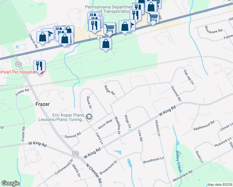 map of restaurants, bars, coffee shops, grocery stores, and more near 22 Ridge Road in Malvern
