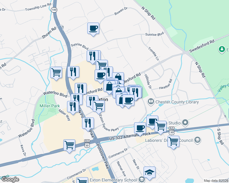 map of restaurants, bars, coffee shops, grocery stores, and more near 309 Exton Commons in Exton