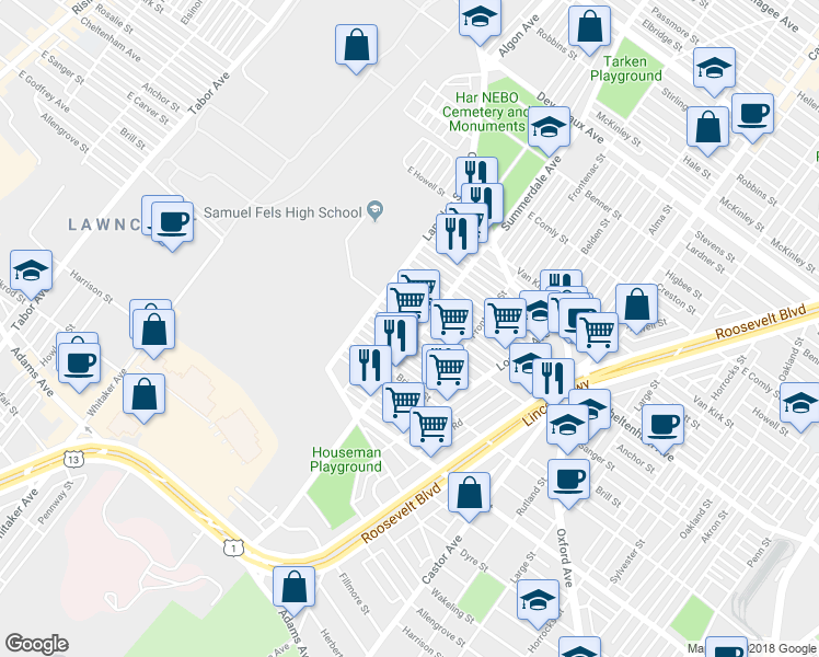 map of restaurants, bars, coffee shops, grocery stores, and more near 888 Sanger Street in Philadelphia