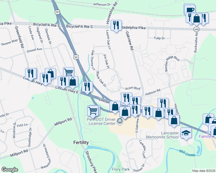 map of restaurants, bars, coffee shops, grocery stores, and more near 72 Black Oak Drive in Lancaster