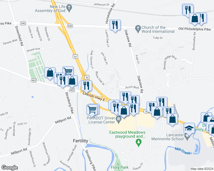 map of restaurants, bars, coffee shops, grocery stores, and more near 72 Black Oak Drive in Lancaster