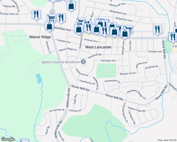 map of restaurants, bars, coffee shops, grocery stores, and more near 1704 Manor Ridge Dr in Lancaster