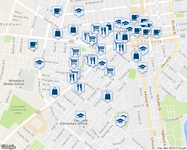 map of restaurants, bars, coffee shops, grocery stores, and more near 626 Lafayette St in Lancaster