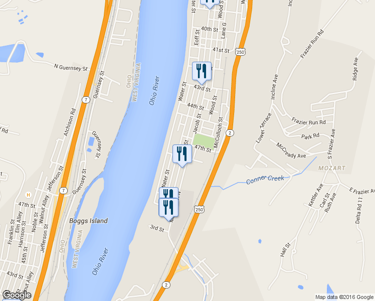 map of restaurants, bars, coffee shops, grocery stores, and more near 4717 Jacob Street in Wheeling