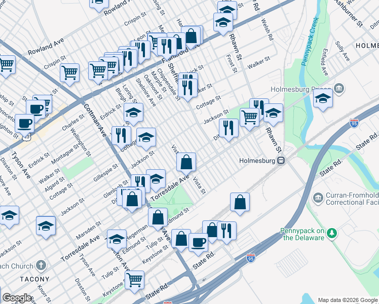 map of restaurants, bars, coffee shops, grocery stores, and more near 4553 Shelmire Avenue in Philadelphia