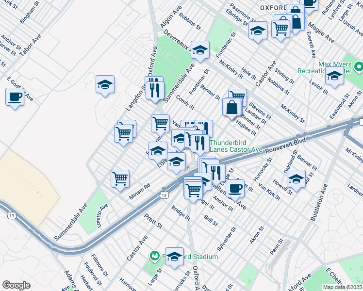 map of restaurants, bars, coffee shops, grocery stores, and more near 1269 Alcott Street in Philadelphia