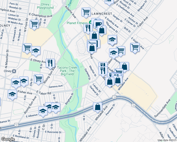 map of restaurants, bars, coffee shops, grocery stores, and more near 639 Garland St in Philadelphia