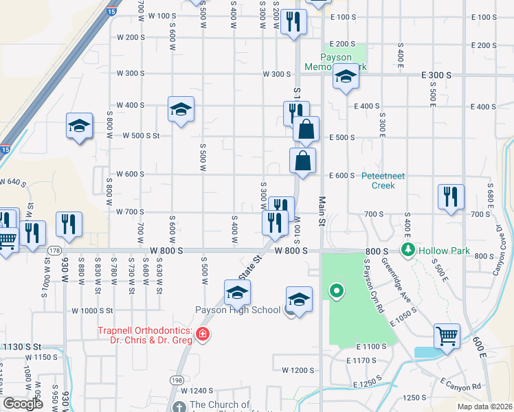 map of restaurants, bars, coffee shops, grocery stores, and more near 310 West 700 South in Payson