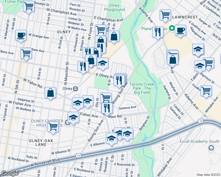 map of restaurants, bars, coffee shops, grocery stores, and more near 327 East Clarkson Avenue in Philadelphia