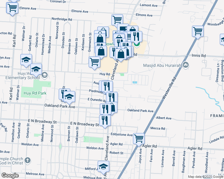 map of restaurants, bars, coffee shops, grocery stores, and more near 3232B Cleveland Avenue in Columbus