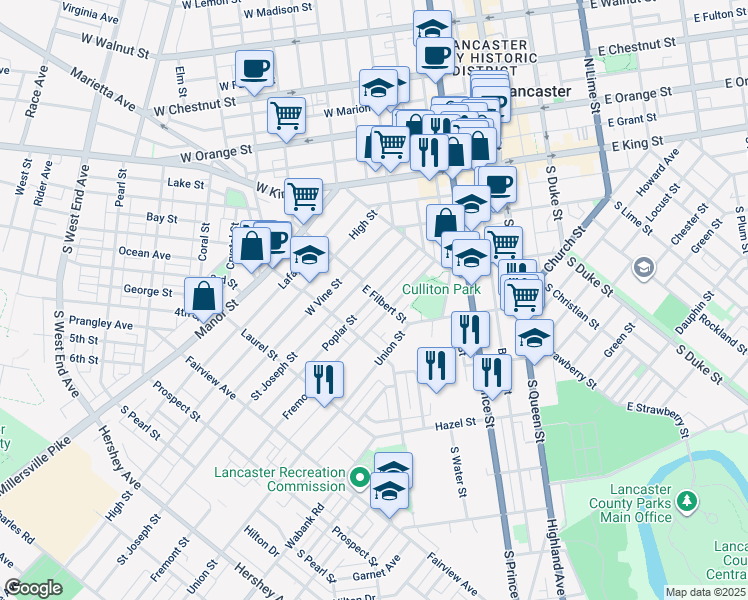 map of restaurants, bars, coffee shops, grocery stores, and more near 502 Poplar Street in Lancaster