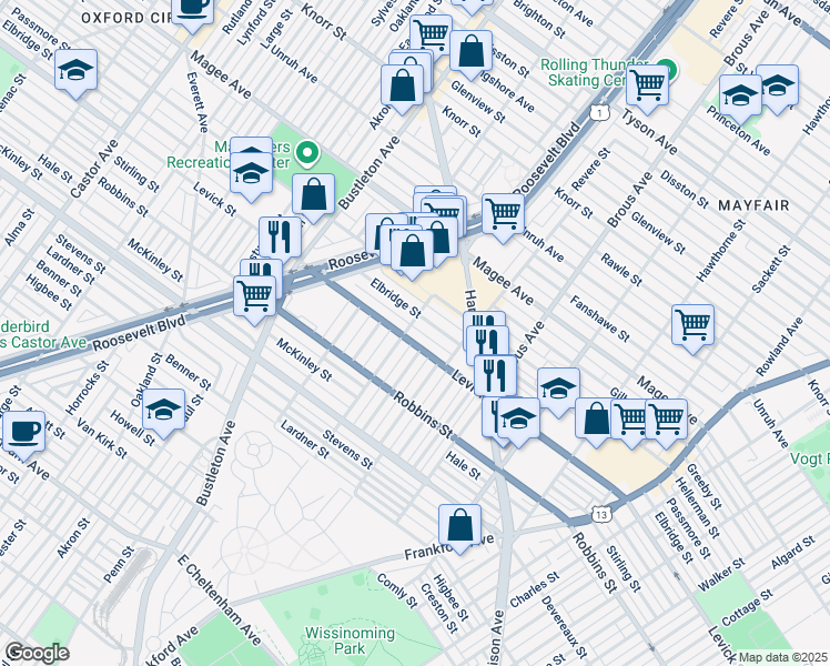map of restaurants, bars, coffee shops, grocery stores, and more near 2705 Levick Street in Philadelphia
