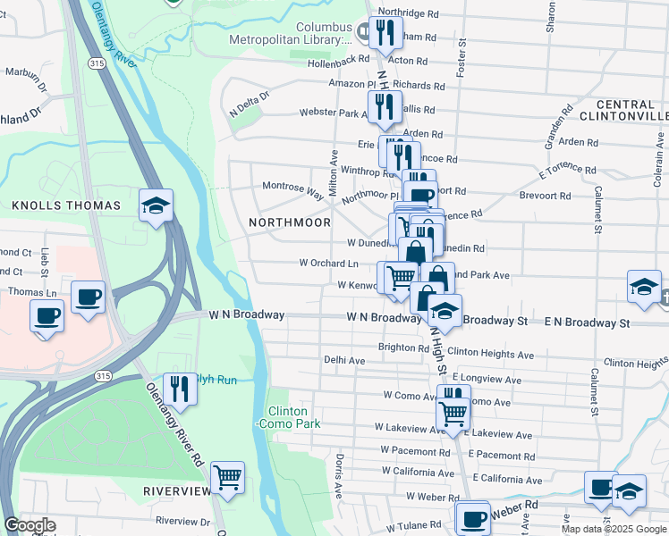 map of restaurants, bars, coffee shops, grocery stores, and more near 147 West Orchard Lane in Columbus