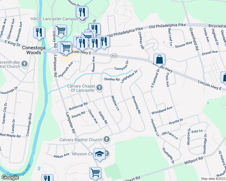map of restaurants, bars, coffee shops, grocery stores, and more near 139 Whittier Lane in Lancaster